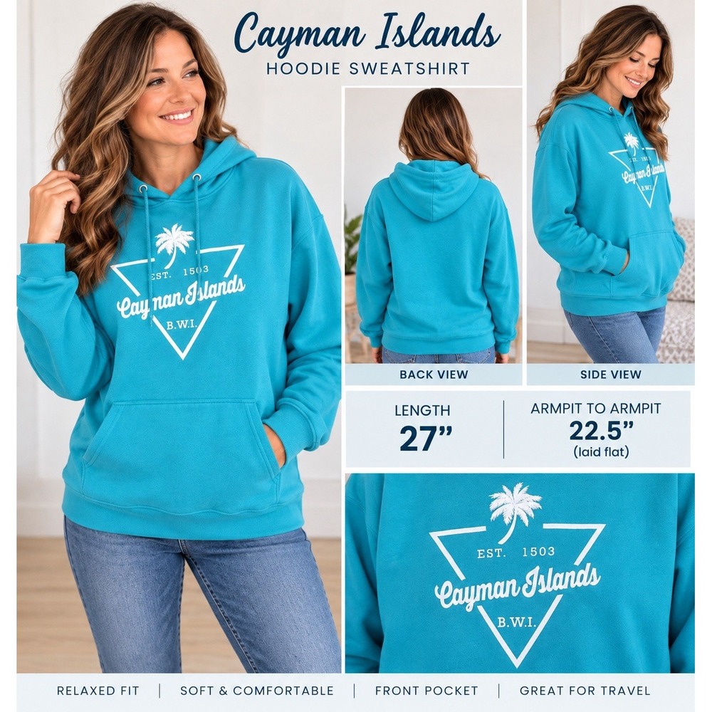 Cayman Islands Women's Hoodie Size L Teal Blue Pullover Sweatshirt Palm Tree